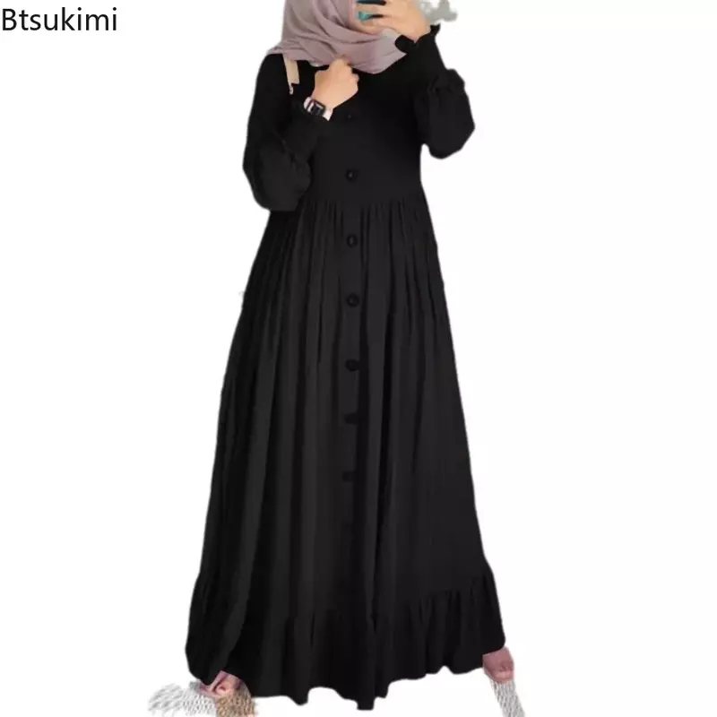 Neue Frauen muslimische lange Kleider Mode Vintage Blütenblatt Ärmel Rüschen Saum Sommerkleid weibliche lässige Baumwolle Leinen Maxi kleid muslimische Robe