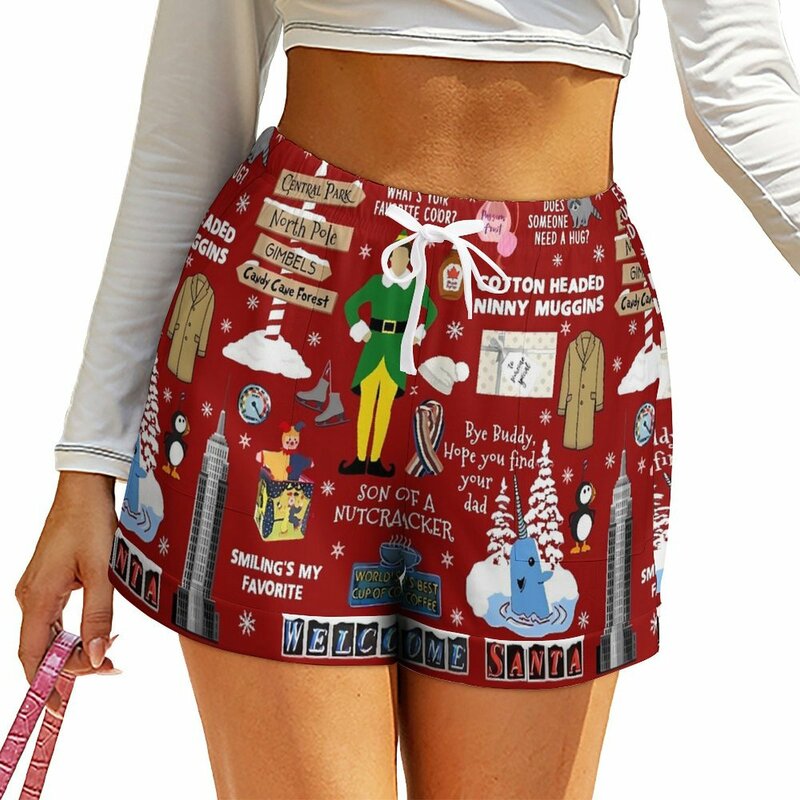 Рождественские шорты Бадди эльф коллаж оверсайз уличная одежда шорты эластичные с высокой талией сексуальные короткие брюки женские карманы