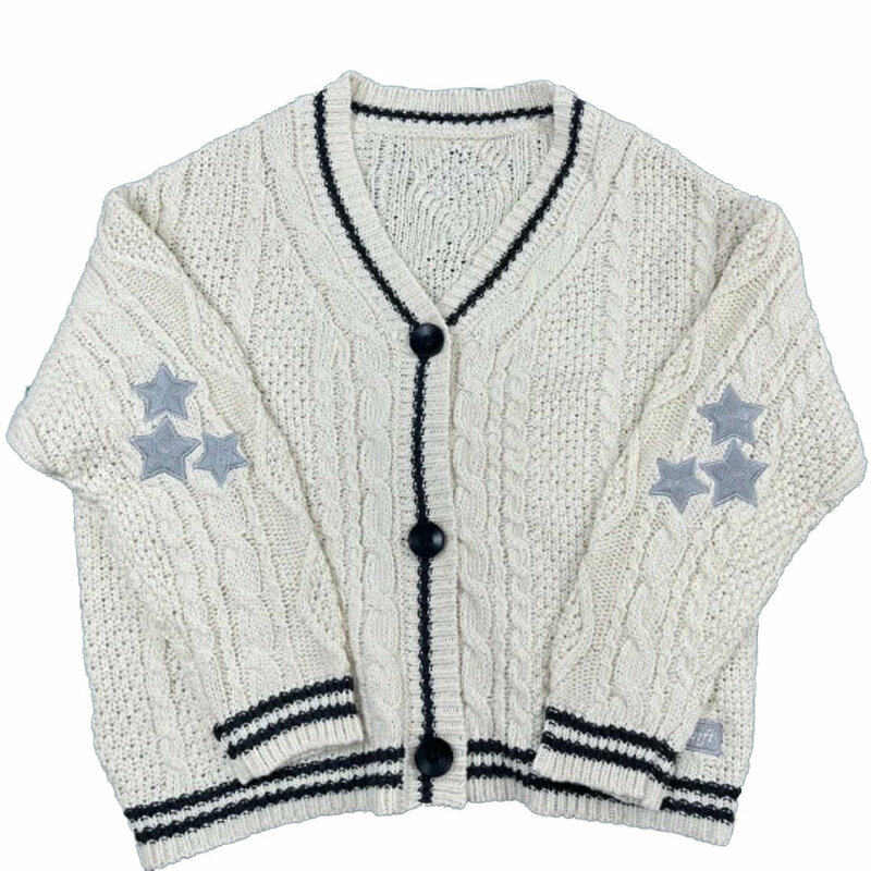 Y2K  Coat V Neck Long Sleeve Vintage Star Print Knitted Cardigan Preppy Cute Button Up Autumn  Aesthetics Retro Sweater