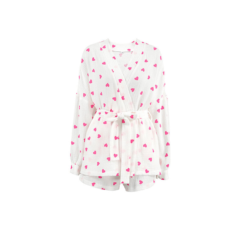 Conjunto pijama de algodão feminino com 2 peças, estampa de coração, manga comprida, shorts sashes, roupas femininas, verão