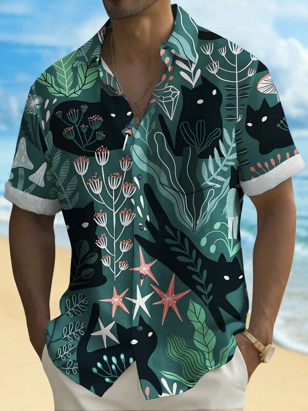 男性用半袖Tシャツ,流行の夏服,ビーチと休暇,3Dプリントの花柄,ボタンアップ,ファッショナブル