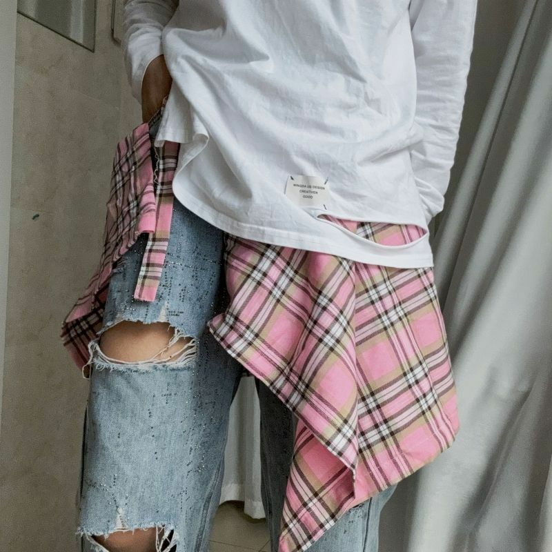 Plaid Hip Hop unregelmäßige Männer und Frauen gefälschte Hemd Saum Frühling Herbst falsche Hemd Rock Halbkörper Jeans röcke Frauen Jupe Saia