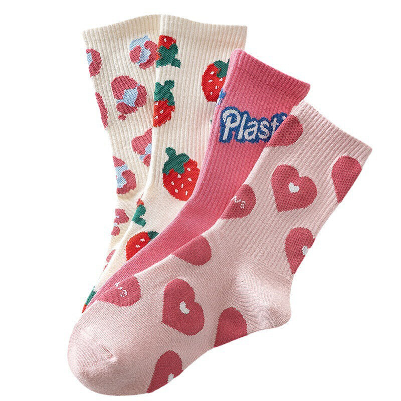 Outdoor Wind Protection And Warmth New Pink Strawberry Socks Fashion Cute Harajuku Women Cotton Socks