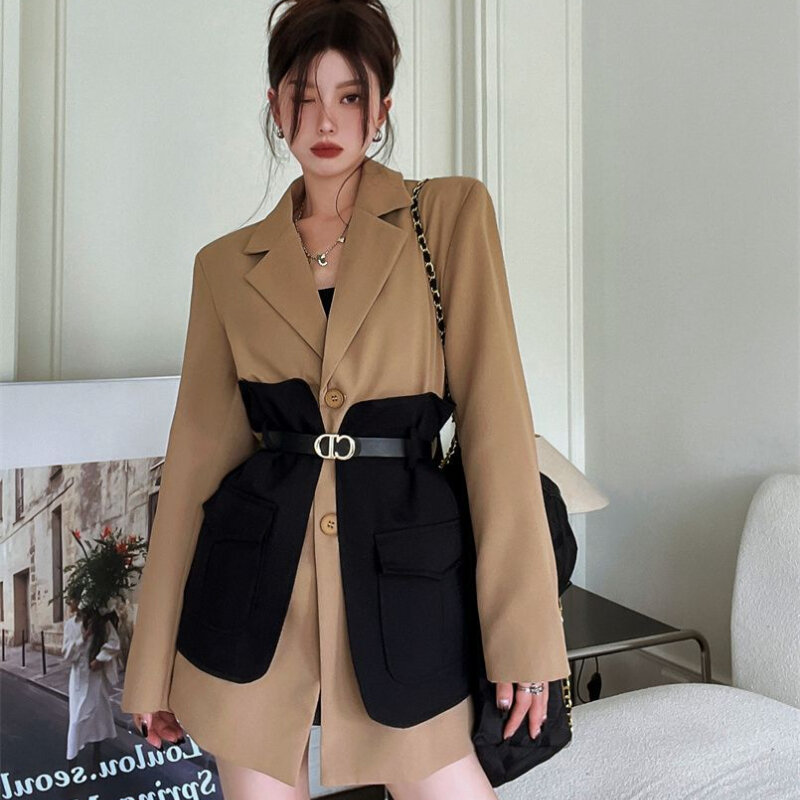 Blazer feminino de peito único entalhado com cinto, design original, bolso solto emendado, moda coreana, novo