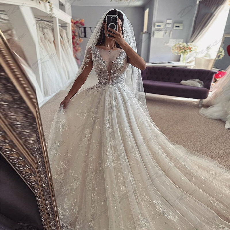 Gaun pernikahan cantik cantik seksi putri duyung leher bulat lengan pendek mode gaun pengantin Applique renda indah buatan khusus