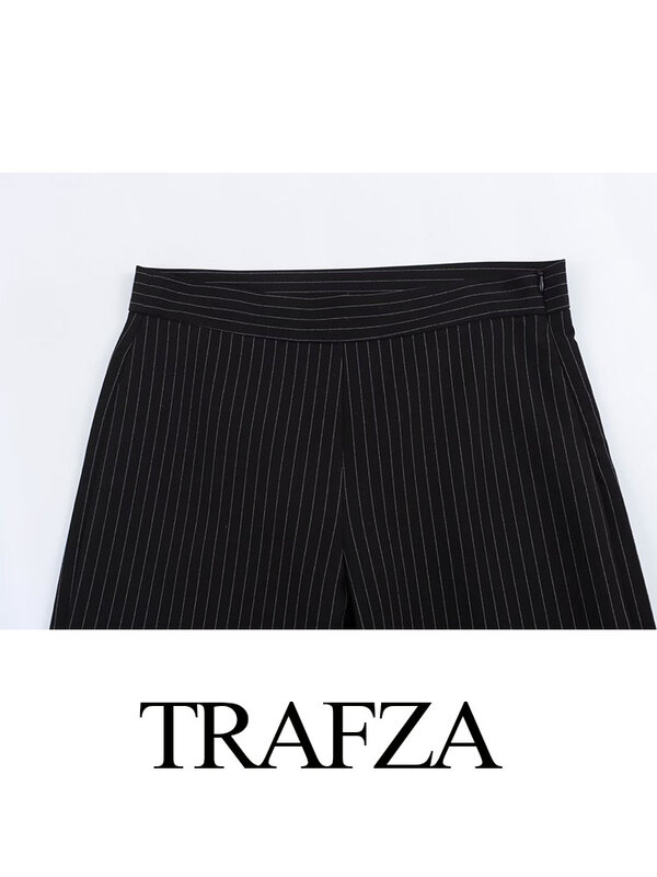 TRAFZA-Calças de fato listrado preto feminino, cintura alta, calças de perna reta, moda casual, vintage, chique, novo, primavera