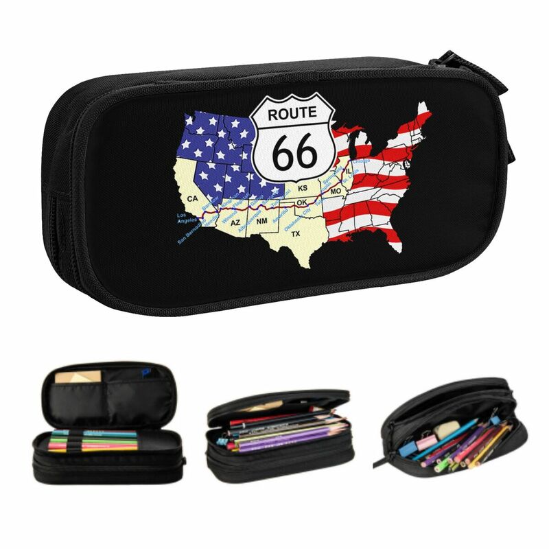 Estuches de lápices personalizados Route 66 para niños y niñas, gran capacidad, bolsa de lápices de carretera de América, Escuela de estudiantes