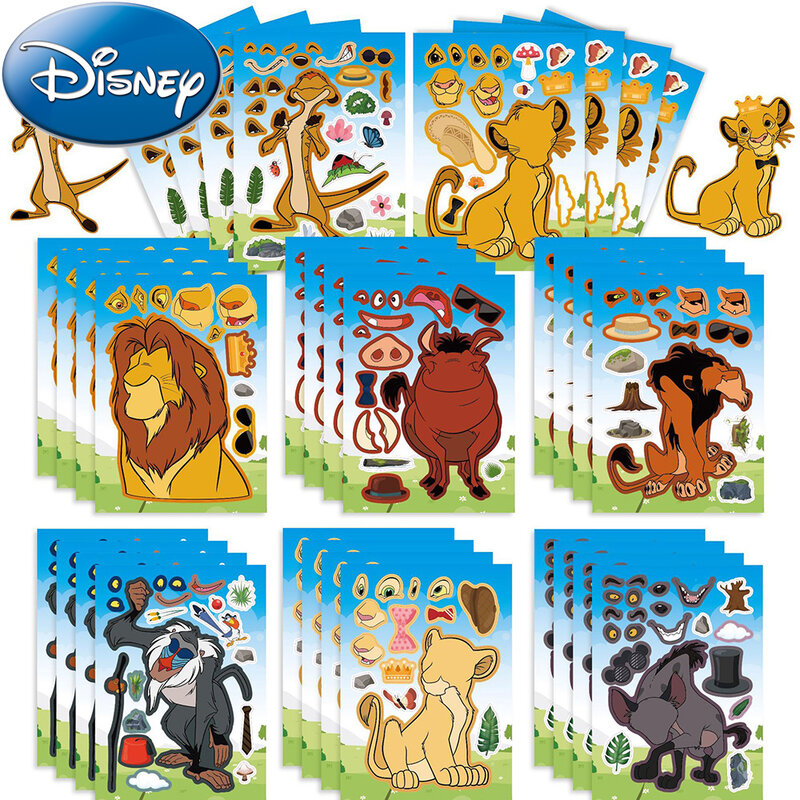 8/16sheets Disney The Lion King Children Puzzle Stickers Make A Face Funny Assemble Jigsaw Cartoon Decals Kids Sticker Toy Gift