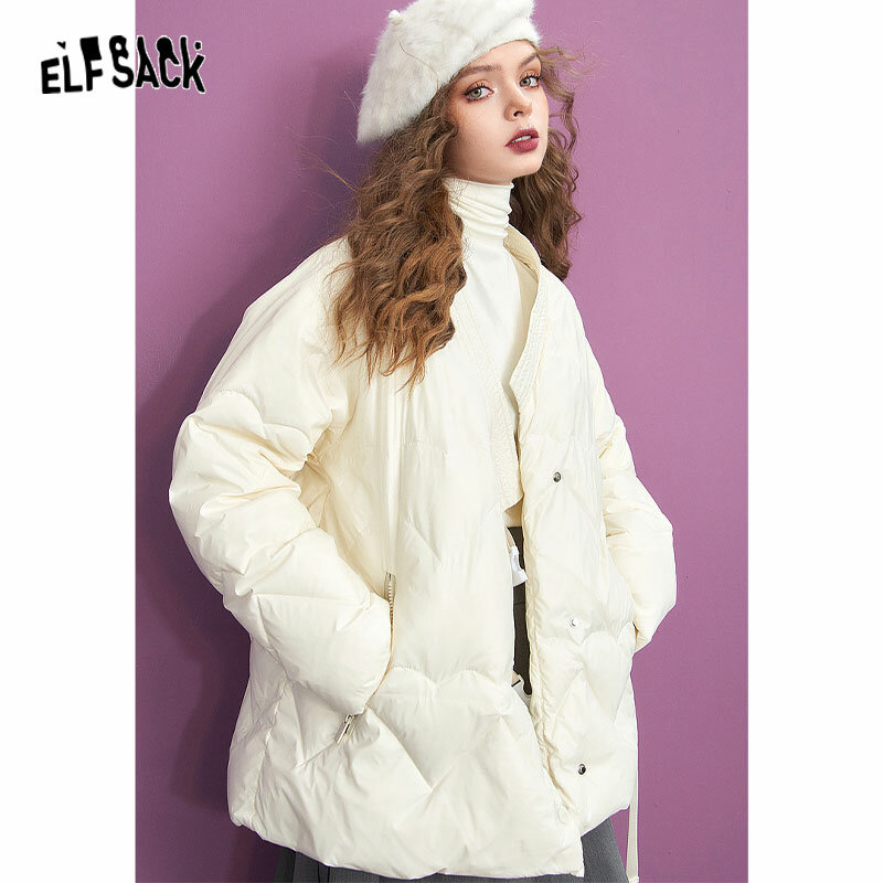 ELFSACK czarne puchowe damskie 2023 zimowe luźne kurtki w stylu chińskim