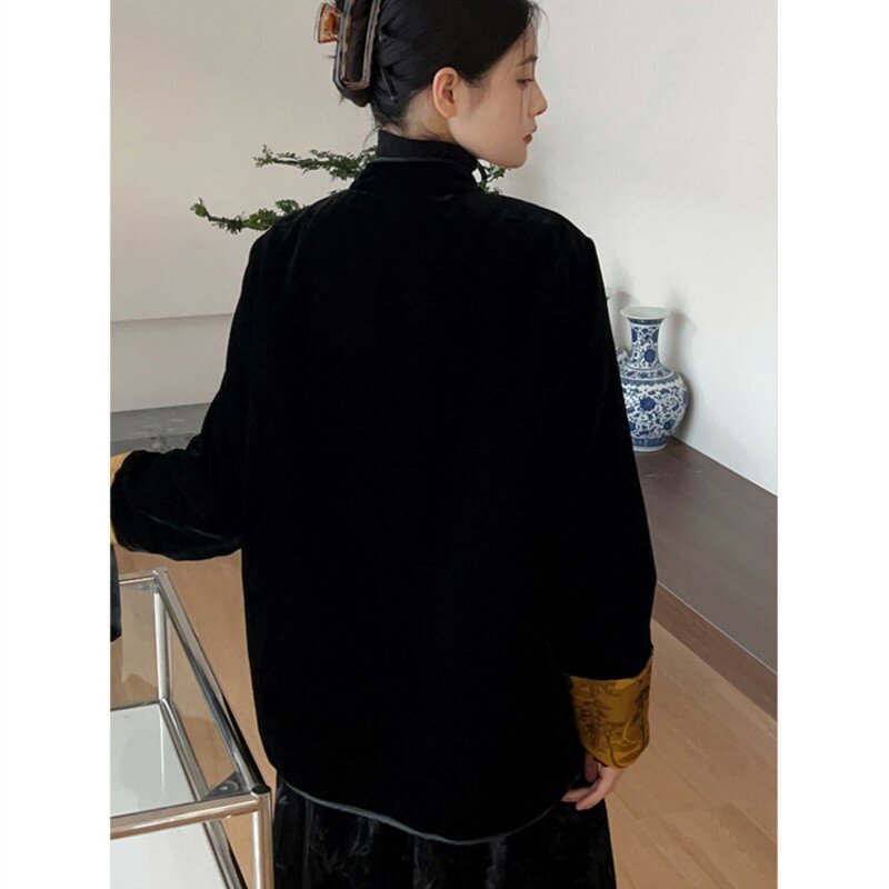 Roupas femininas de estilo chinês, terno preto nacional, saia acolchoada, roupas femininas acolchoadas, novo
