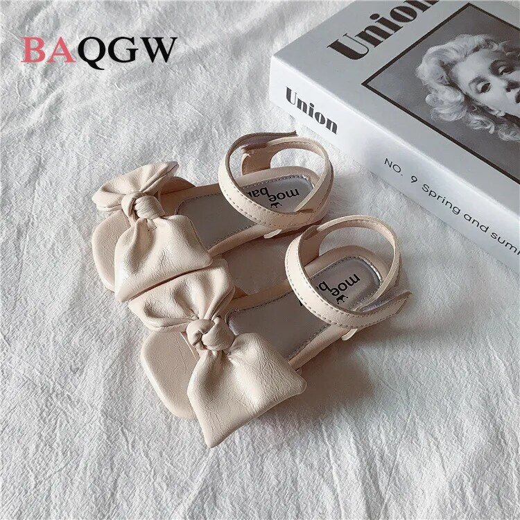 Girls Sandals Summer Girls Bow Princess Shoes Flat Sandals Children Soft Solid Color Fashion Non-slip Performance Square Shoes