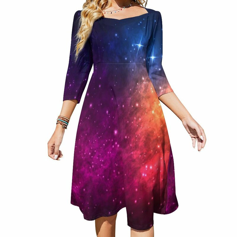 Bunte Galaxie Kleid Sommers terne und Nebel elegante Kleider Frau dreiviertel stilvolle Muster übergroße Freizeit kleid