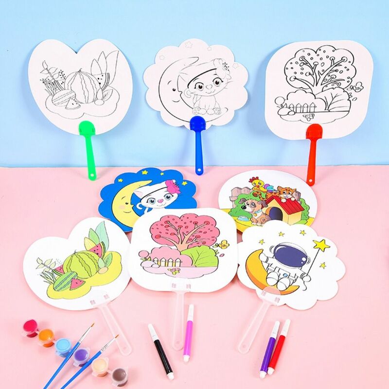 Kids DIY Toys Montessori Toy For Children Painting Fan Early Education Cartoon Animals Color Filling Fans