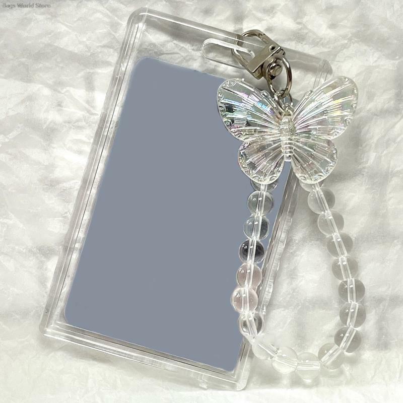Kristal kupu-kupu 3 inci akrilik tempat kartu foto kartu tampilan kartu kredit ID Bank casing pelindung gantungan kunci liontin mode