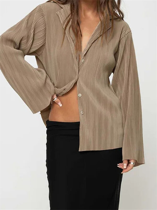 CHRONSTYLE Women Button Down Shirts Casual Solid Color Pleated V-neck Long Sleeve Blouse Loose Tops Cardigan for Streetwear 2024