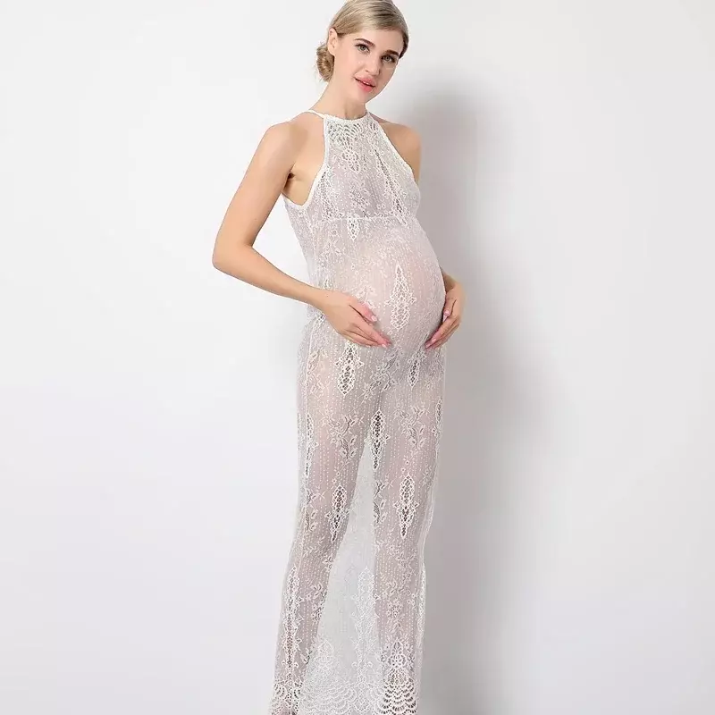Vestido de encaje elástico para fotografía de maternidad, vestido Halter Sexy, ajustado, decoración Floral, accesorios de fotografía