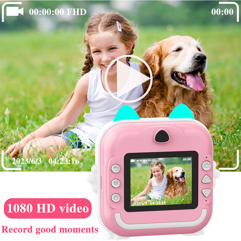 Mini Câmera de Vídeo Digital para Crianças, Câmera fotográfica de impressão instantânea, Zero Ink Print Paper, Cartão 32G TF, Brinquedos Educativos Presente