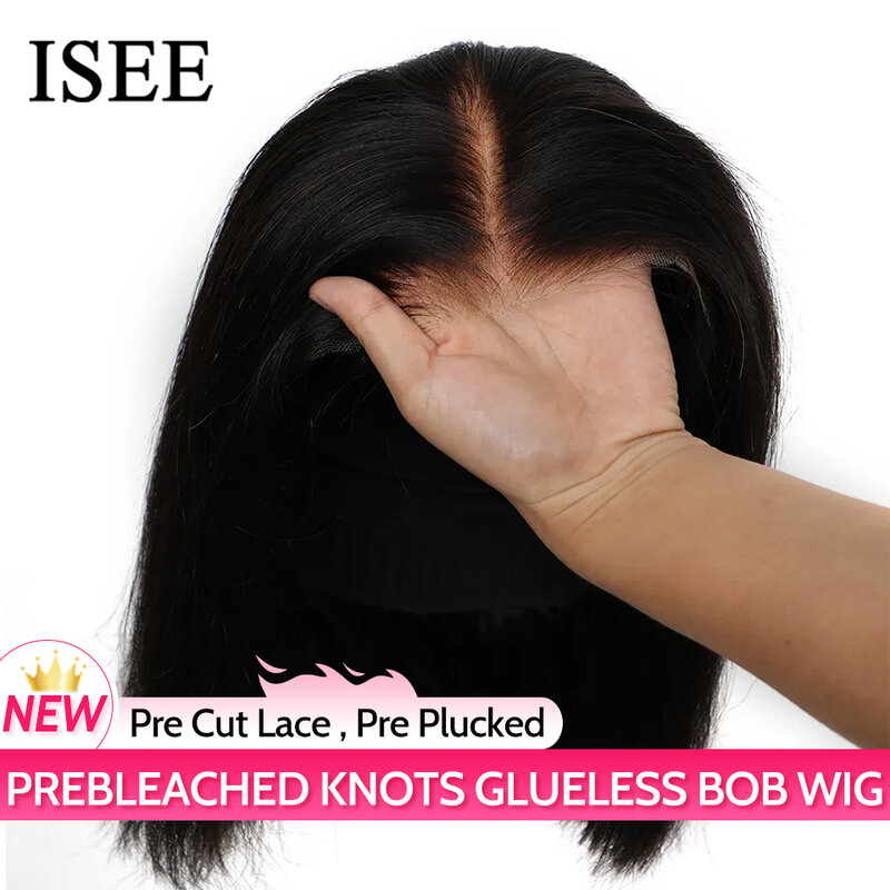 Парики для волос ISEE Go Glueless prepucked, прямые короткие парики Bob Prebleached, готовые к износу, парики для женщин, предварительно Обрезанные парики для волос Go