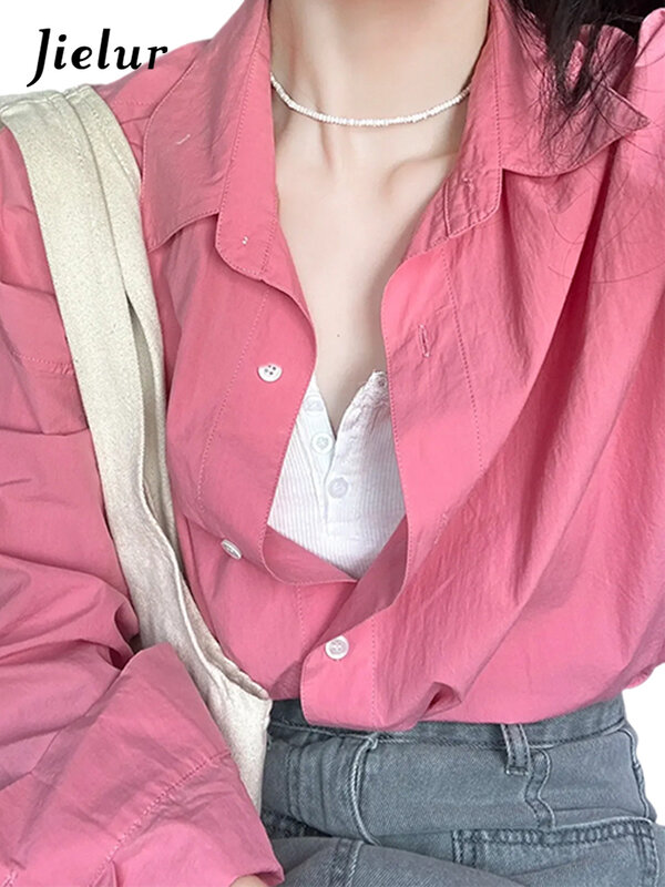 Jielur 단색 루즈 용수철 여성 셔츠, 심플한 기본 패션, 스트릿 우먼 셔츠, 슬림하고 시크한 긴팔 상의, 신상