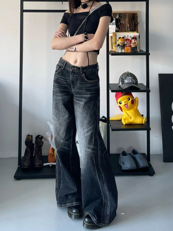Женские мешковатые джинсы QWEEK Y2K, винтажные черные уличные широкие брюки в стиле Харадзюку, потертые джинсовые брюки в стиле хип-хоп