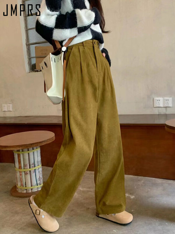 JMPRS wysokiej talii kobiet w stylu Vintage spodnie sztruksowe proste Casual wiosenna Koran rocznika kawy kieszenie wszystkie mecze spodnie nowy