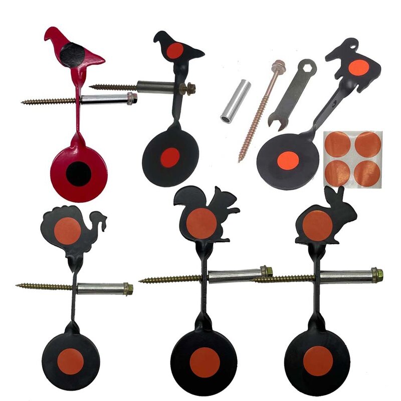 狩猟と射撃のスチール製ピンキングスピナー、5つの動物オプション、赤、黒、シンプルなパック、空気圧ランチャー