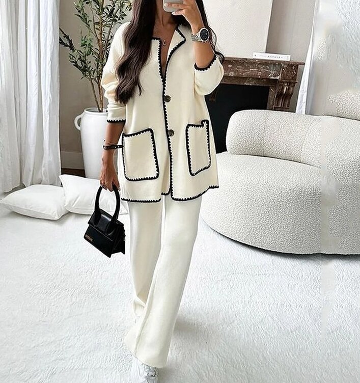 Conjunto feminino de manga comprida e calça casual de cintura alta, roupa solta, gola redonda, design de bolso sólido, moda outono, 2 peças