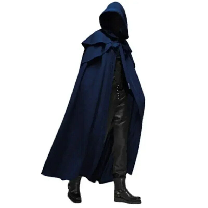 Średniowieczny Vintage luźny czarny płaszcz z kapturem, wiatroszczelny trencz szykowny, zimowy długa peleryna Poncho gotycki mnich Cosplay