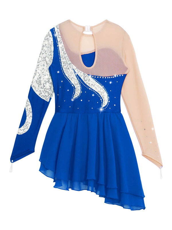 키즈 소녀 댄스 드레스 긴 소매 라운드 넥 반짝이 장식 조각, 패치 워크 스타일 할로우 백 댄스웨어 스포츠웨어