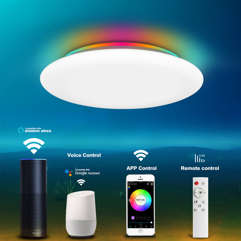 OUQI ใหม่ WiFi สมาร์ท RGB เพดาน30CM 36W LED โคมไฟเพดาน APP หรือ Voice Control Works alexa Google Assistant