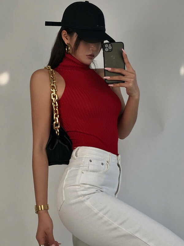 Sexy Knit Tank Top Turtleneck Crop Tops Women Summer Camis Backless Camisole Fashion Casual Tee Female Sleeveless Cropped Vest