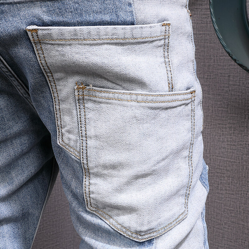 Jeans Pria Ala Jalanan Mode Jeans Sobek Desainer Sambungan Biru Muda Retro Celana Denim Hip Hop Bordir Pria Hombre