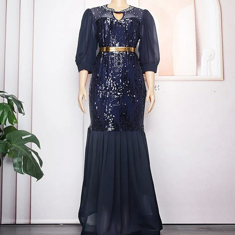 Afrykańska damska Plus size nowa z okrągłym dekoltem najnowsza diamentowa cekinowa suknia wieczorowa stylowa sukienka S9378