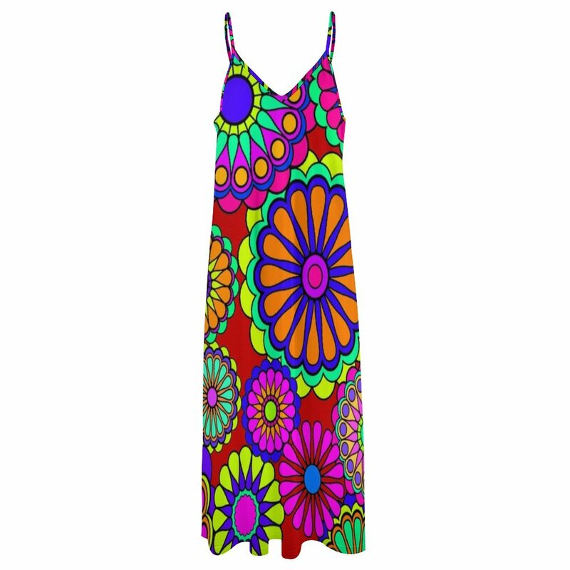 花の形をしたレトロなスタイルのノースリーブドレス,女性のためのハイピーフラワーの服,2024