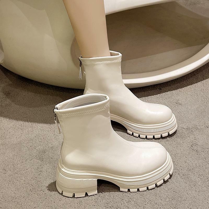 Rock-Botas de cuero con cremallera para mujer, calzado con punta redonda, de diseñador de lujo, de goma, tacón alto, Otoño, 2023