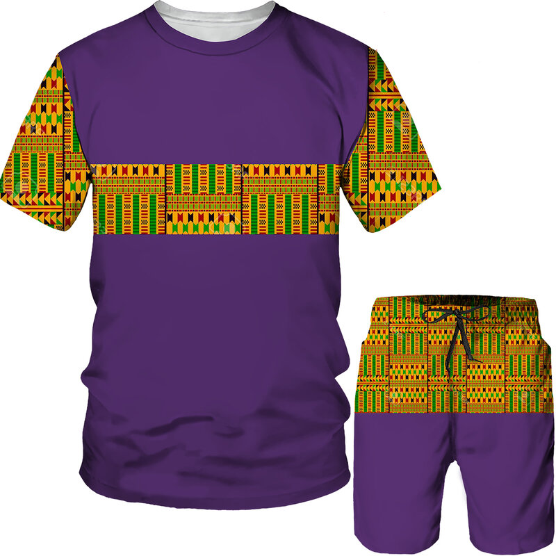 Conjunto de camisetas e shorts estampados em 3D para homens, estilo étnico, camiseta de manga curta extragrande, calças masculinas, roupas da moda verão