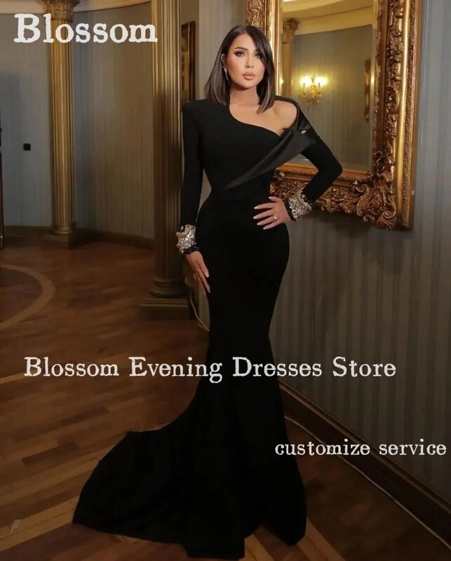 Gaun malam lengan panjang manik-manik hitam, gaun Formal elegan bahu terbuka putri duyung 2024 untuk pesta Prom