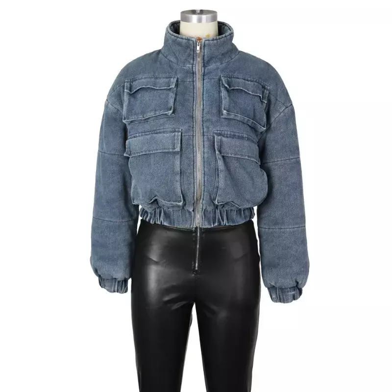 Giacca in cotone parka Multi tasca in Denim per donna 2023 autunno Fashion Soild Color Zipper Stand Collar cappotto invernale Streetwear