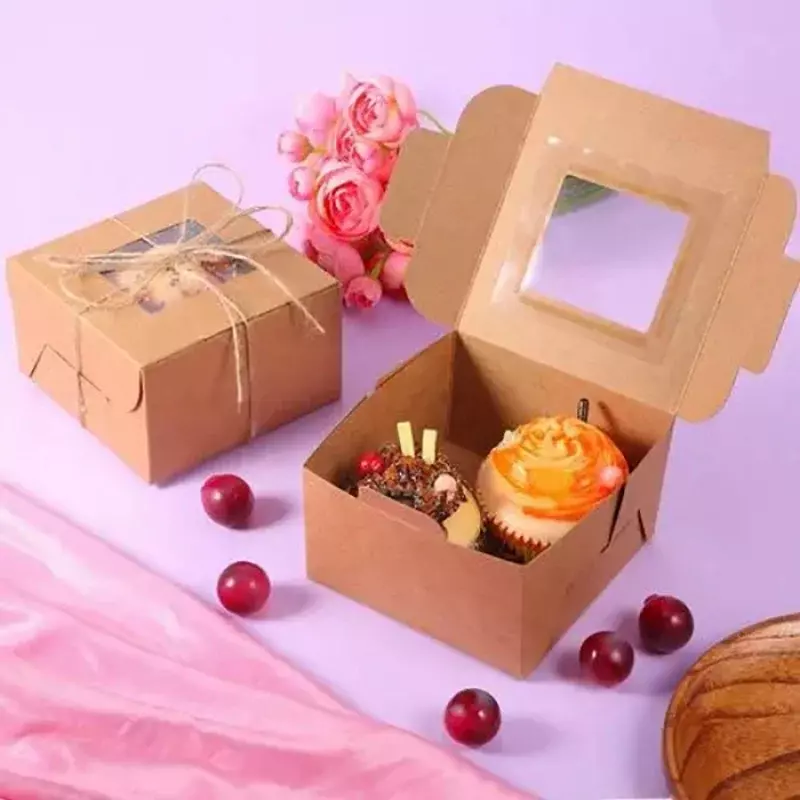 Kunden spezifisches Produkt kunden spezifischer Druck Logo Box Papier biologisch abbaubare Dessert Box Gebäck Box Papier Kuchen Verpackung mit Griff und