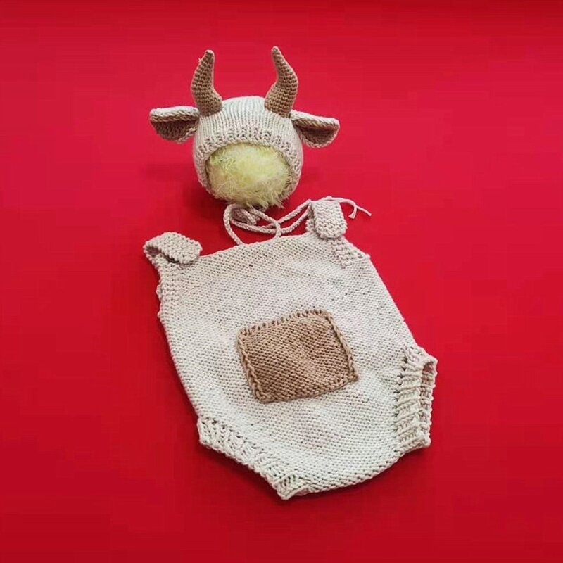 2 Pcs Baby Knitted Cow Ears Hat Romper Set Newborn Photography Props Jumpsuit Infants Photo Clothing Outfits