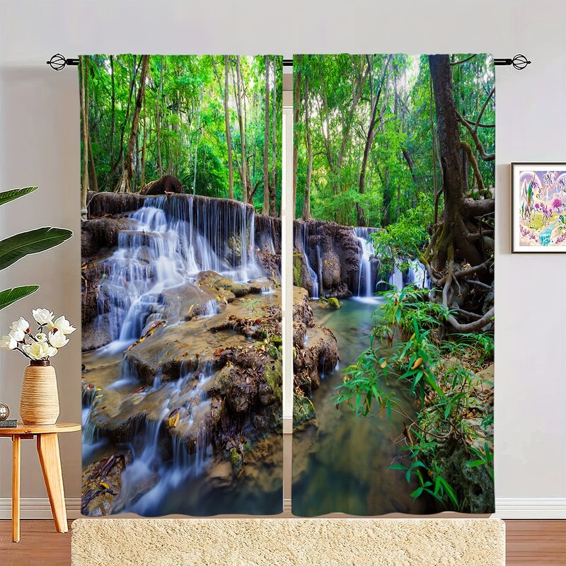 2panels, Beautiful Forest Scenery Natural Curtain Waterfall Landscape Living Room Curtain Suitable For Living Room Bedroom Decor