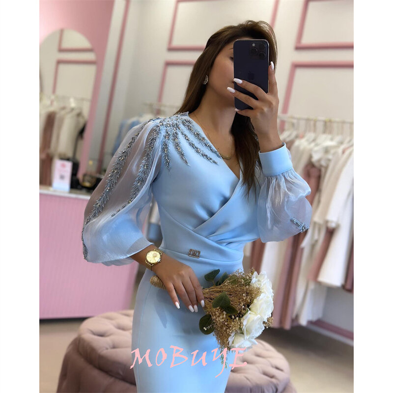 MOBUYE-V vestido de baile feminino decote, comprimento de chá, mangas compridas, moda noturna, elegante vestido de festa, popular, 2022