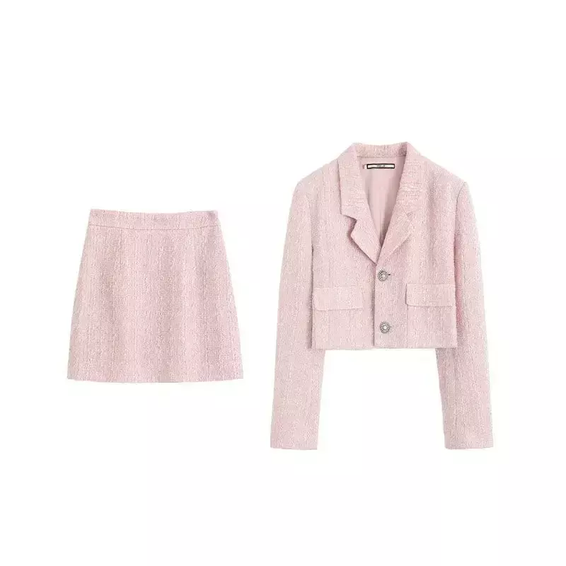 Terno de Tweed de duas peças feminino, conjunto de saia curta de manga comprida, estilo fragrância pequena, novo produto, outono 2022