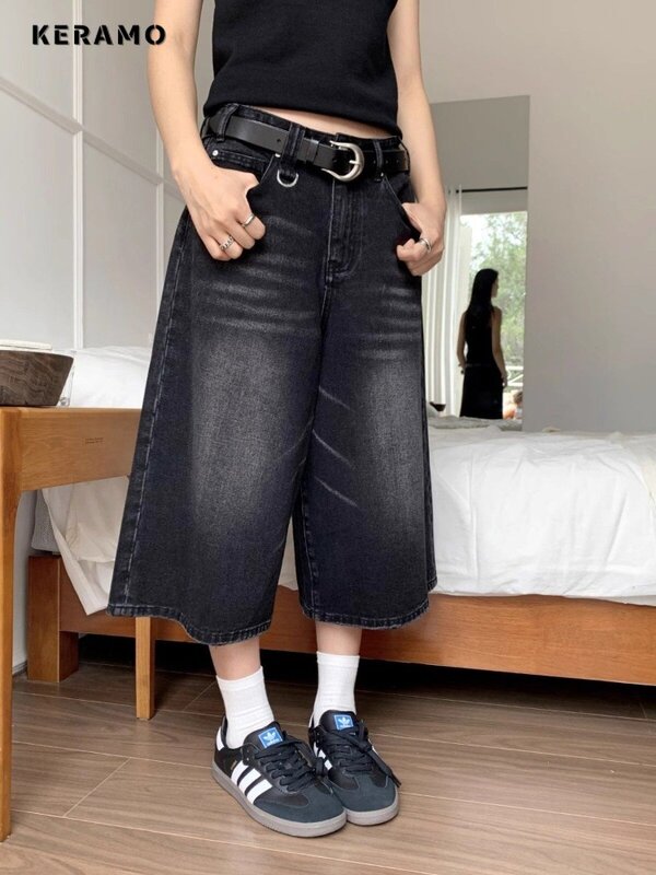Shorts jeans preto de cintura alta feminino, lavado retrô, casual, estilo solto, streetwear Y2K, meio longo, moda vintage, Harajuku