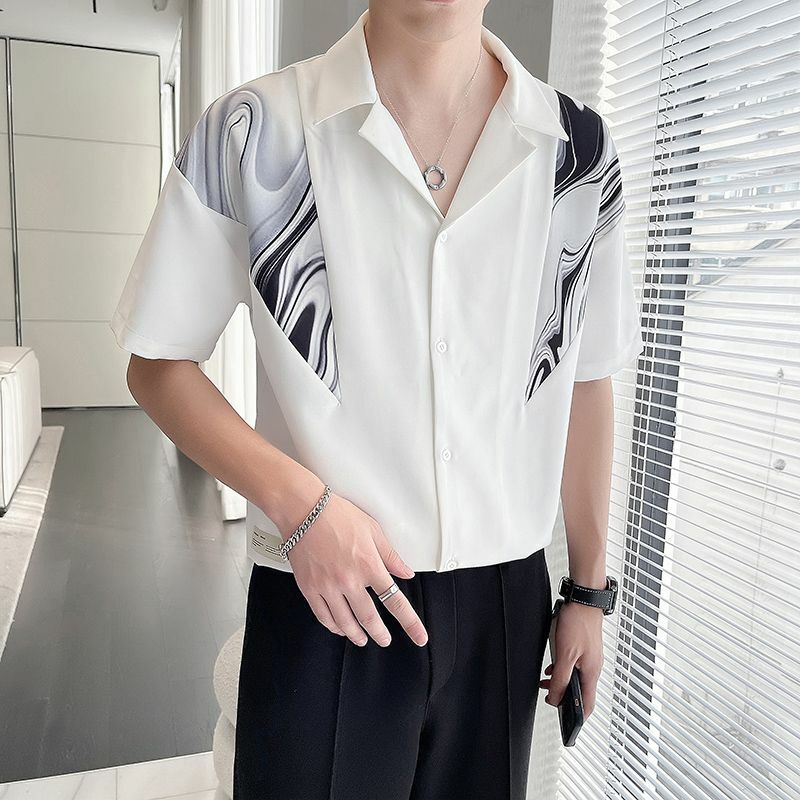 Elegant Fashion Harajuku Slim Fit Ropa Hombre Loose Casual Sport All Match Shirt Pointed Collar Ice Shreds Middle Sleeve Blusa