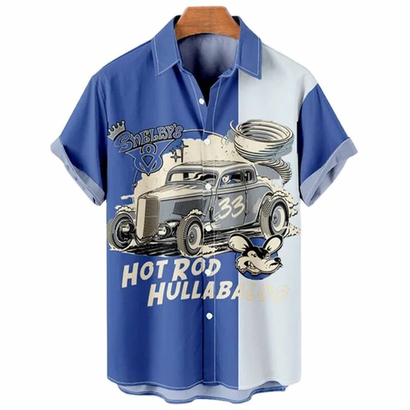 Summer Men's Hawaiian Shirt 3D Car Print Men's Shirts Casual Style Lapel Short sleeve Camisa Holiday Vacation Beach Top Clothing