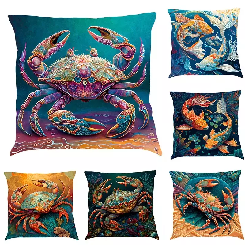 Funda de almohada con estampado de cangrejo y estrella de mar para el hogar, funda de almohada decorativa para sofá, silla, tema del océano, acuarela