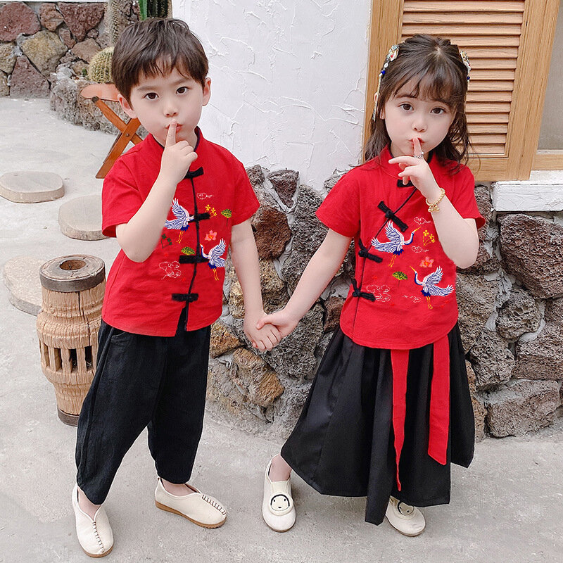 Pakaian kostum Tahun Baru China tradisional, 2 potong pakaian untuk anak-anak, atasan lengan pendek + celana + rok
