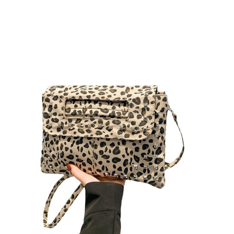 Bolsa de embreagem leopardo rebite vintage para mulheres, couro PU, ombro crossbody, moda retrô, bolsas de festa, bolsas luxuosas, Y2K