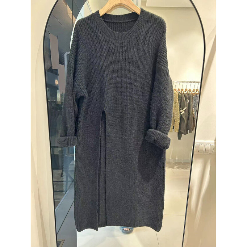 Korean Version of Lazy Style Loose Knit Dress for Women in Autumn and Winter New Side Slit Design Medium Length Pullover Sweater